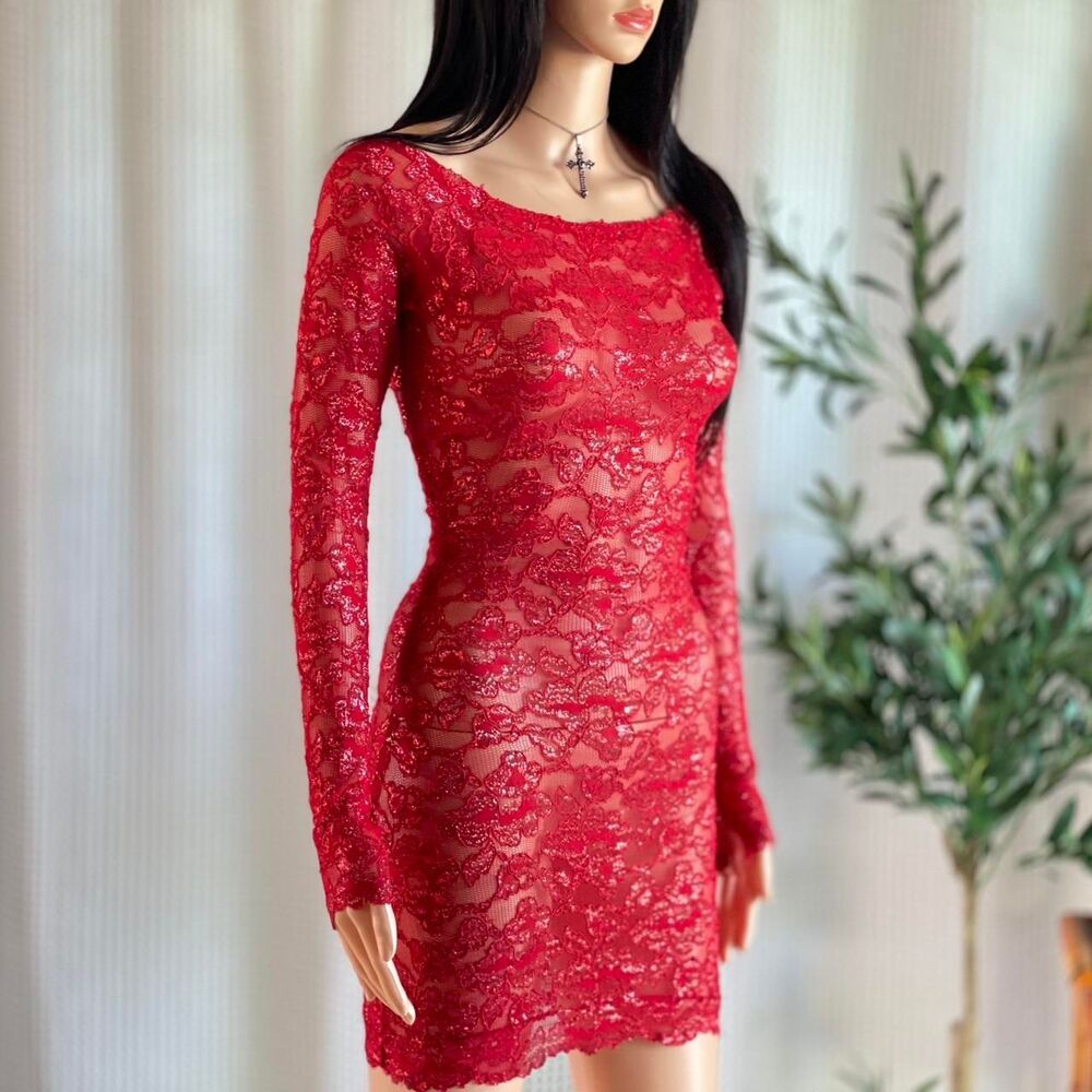 Handmade Y2K Red Glitter Sheer Lace Mini Dress Long Sleeve Bodycon Clubwear XS/S